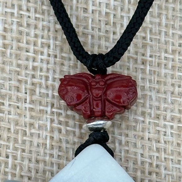 Tai Chi Stone Butterfly Pendant Necklace with Silver and Cinnabar on Rope - Picture 11 of 12